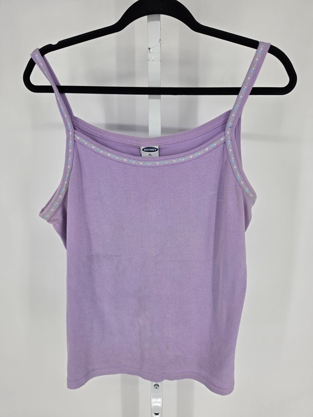 Vtg Y2K Old Navy Womens Sz XL Ribbed Camisole Tank Top Light Purple Floral Trim
